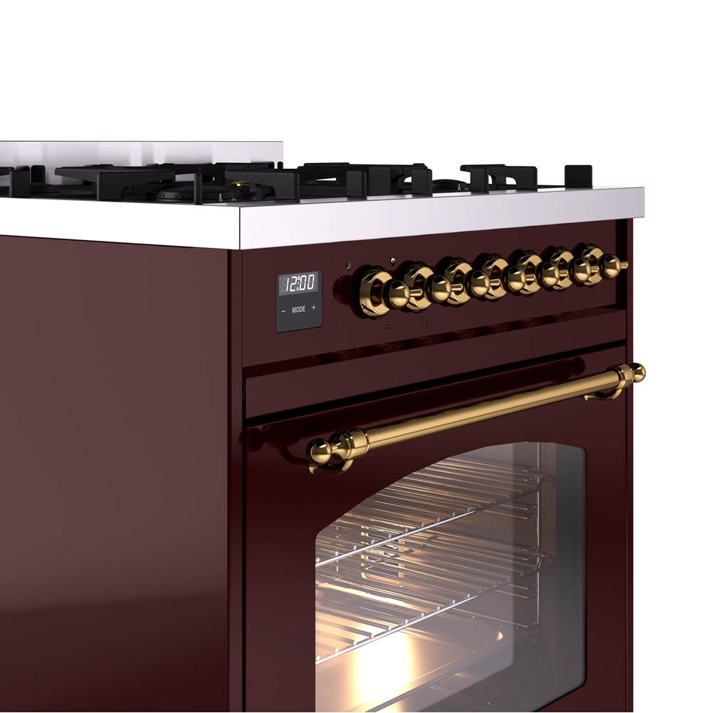 30'' Nostalgie II Series Freestanding Dual Fuel Range - Burgundy - Bronze trim- Natural Gas