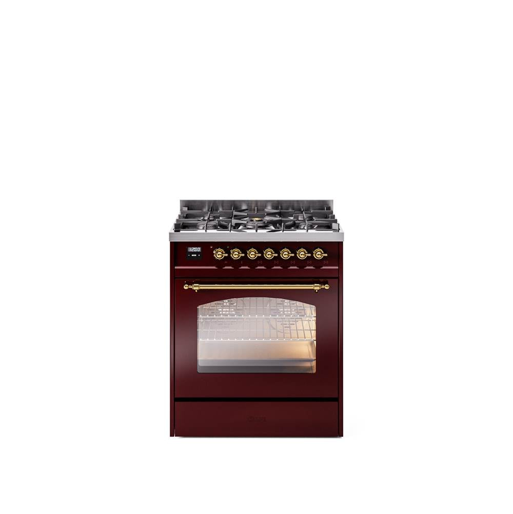 30'' Nostalgie II Series Freestanding Dual Fuel Range - Burgundy - Bronze trim- Natural Gas
