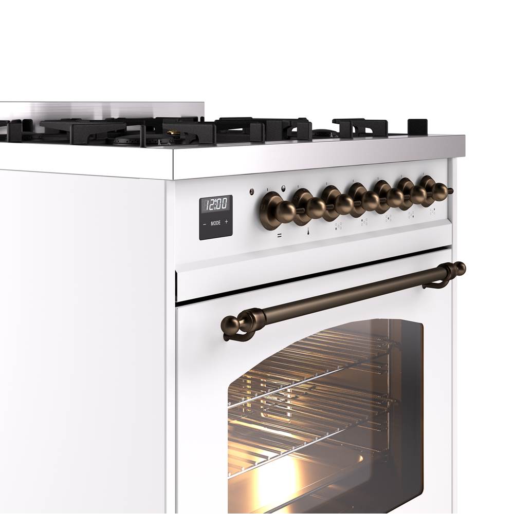 30'' Nostalgie II Series Freestanding Dual Fuel Range - White - Bronze trim- Natural Gas