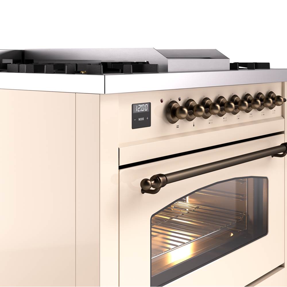 36'' Nostalgie II Series Freestanding Dual Fuel Range - Antique White - Bronze trim - Griddle - Natural Gas