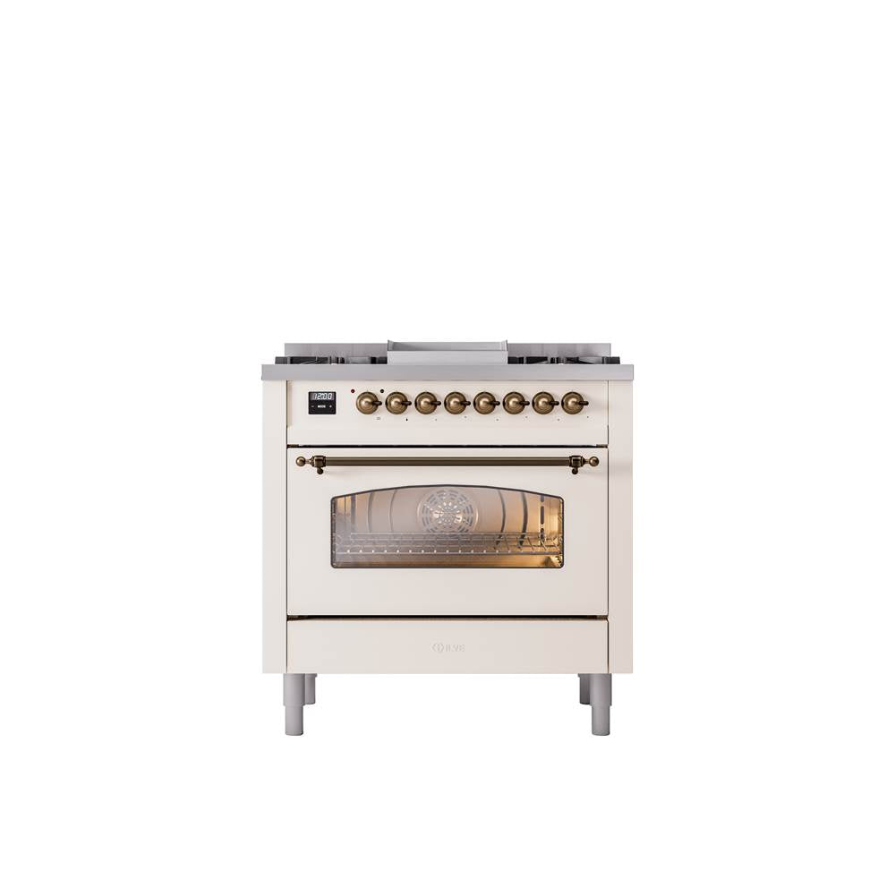 ILVE - 36'' Nostalgie II Series Freestanding Dual Fuel Range - Antique White - Bronze trim - Griddle - Natural Gas - Bronze