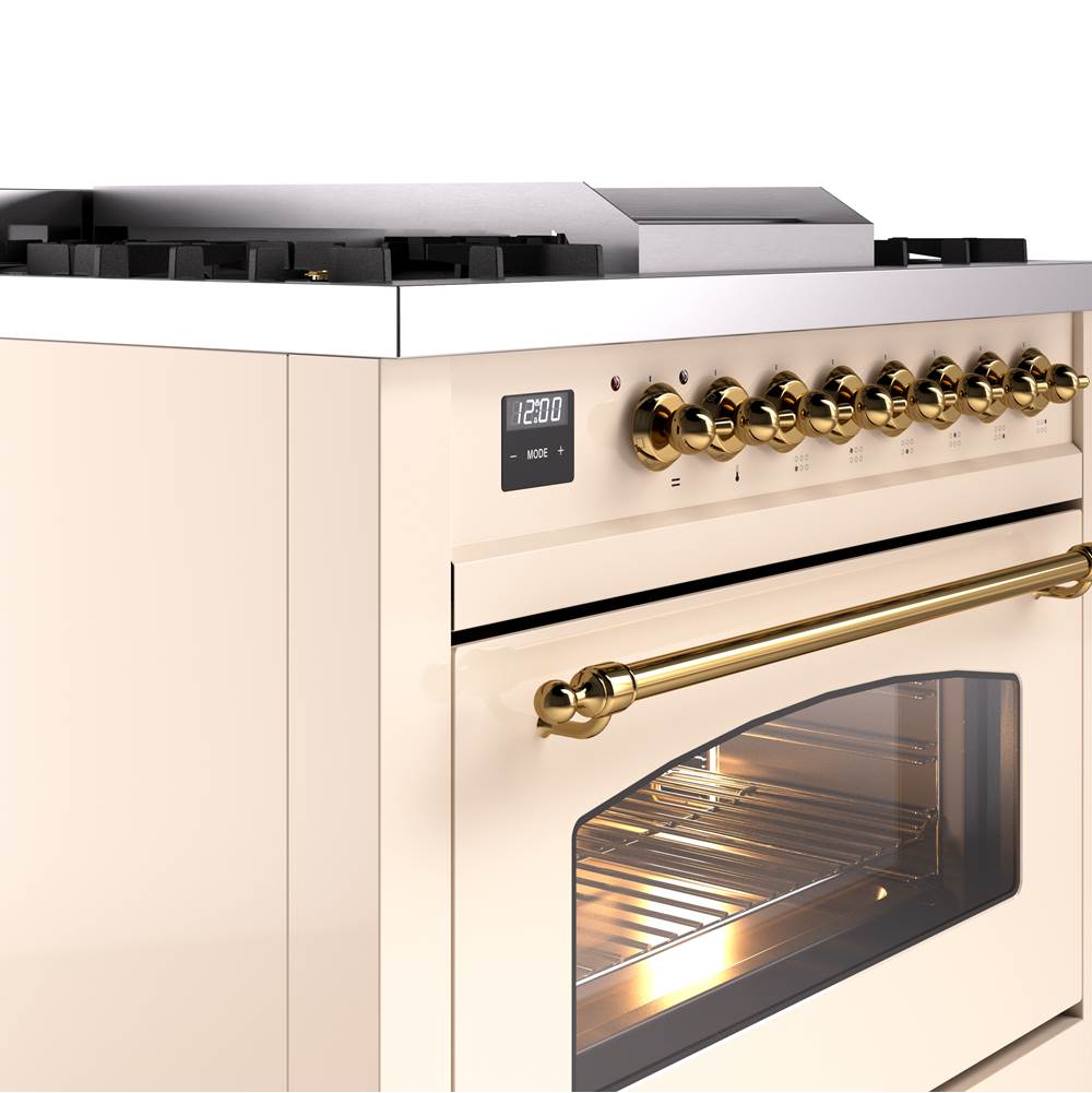 36'' Nostalgie II Series Freestanding Dual Fuel Range - Antique White - Bronze trim - Griddle - Natural Gas