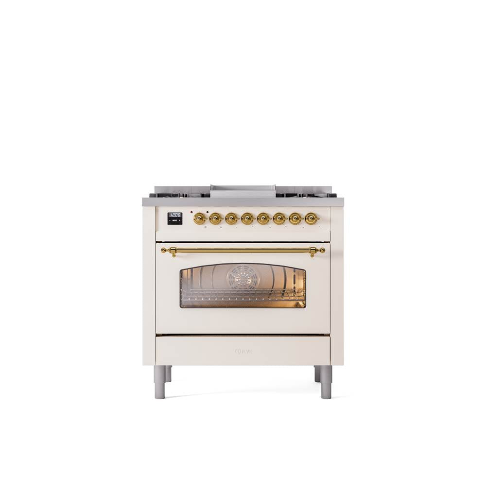 ILVE - 36'' Nostalgie II Series Freestanding Dual Fuel Range - Antique White - Brass trim - Griddle - Natural Gas - Brass