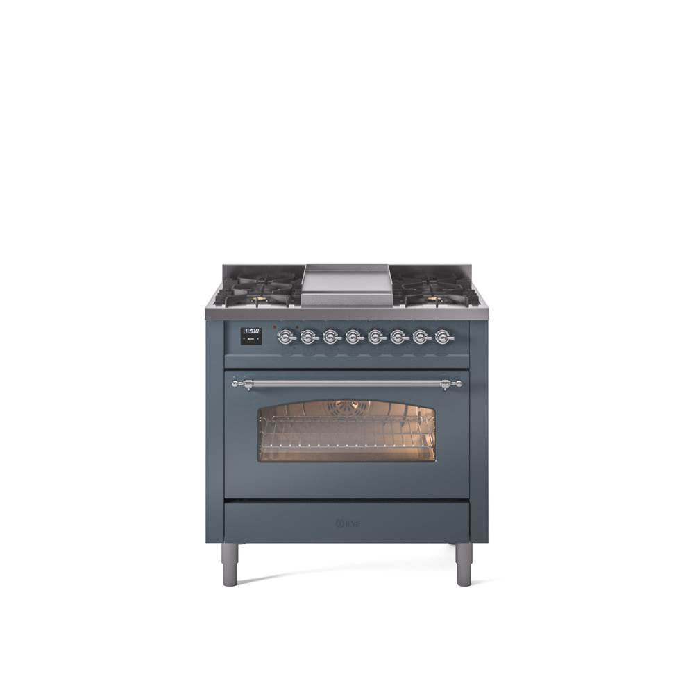36'' Nostalgie II Series Freestanding Dual Fuel Range - Blue Grey - Bronze trim - Griddle - Natural Gas