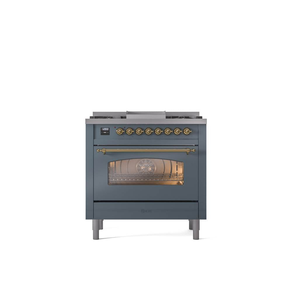 ILVE - 36'' Nostalgie II Series Freestanding Dual Fuel Range - Blue Grey - Brass trim - Griddle - Natural Gas - Brass