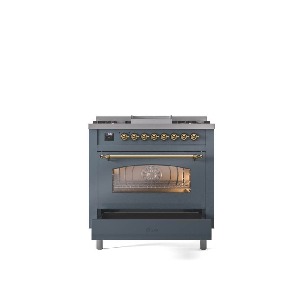 36'' Nostalgie II Series Freestanding Dual Fuel Range - Blue Grey - Bronze trim - Griddle - Natural Gas