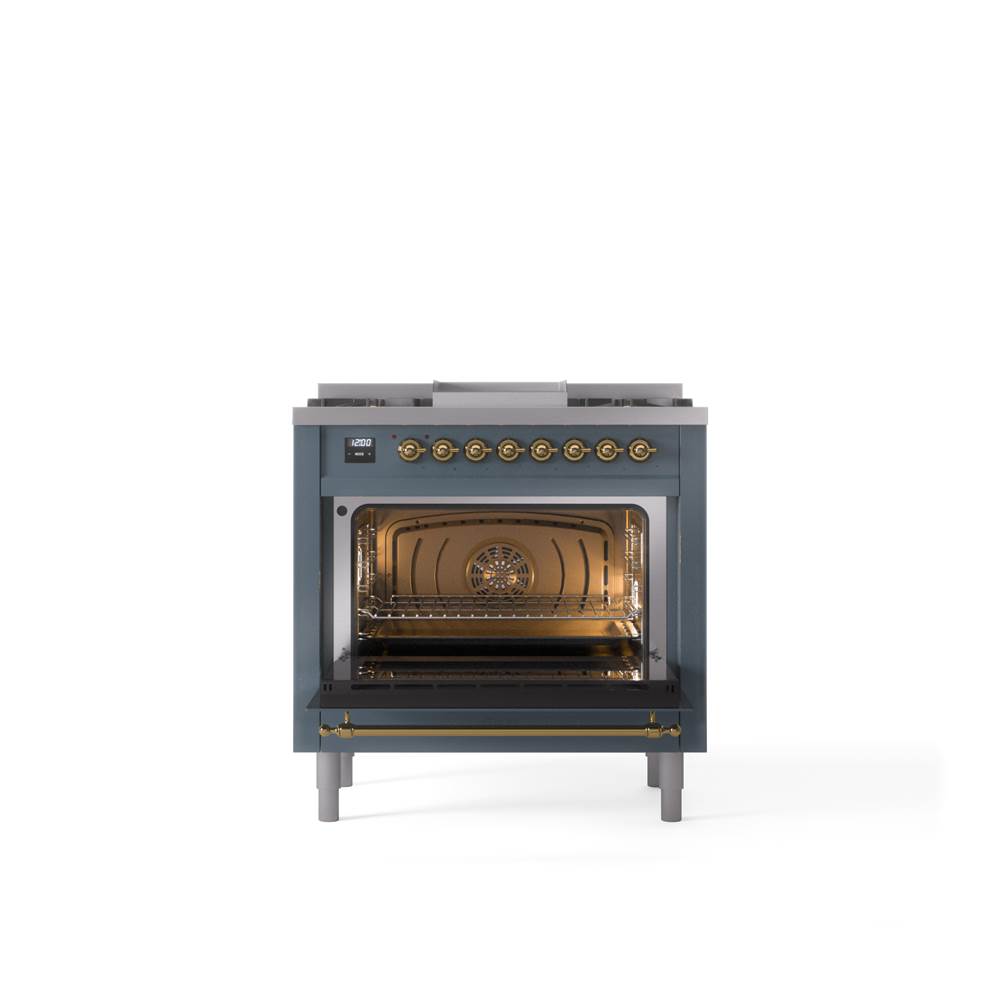 36'' Nostalgie II Series Freestanding Dual Fuel Range - Blue Grey - Bronze trim - Griddle - Natural Gas