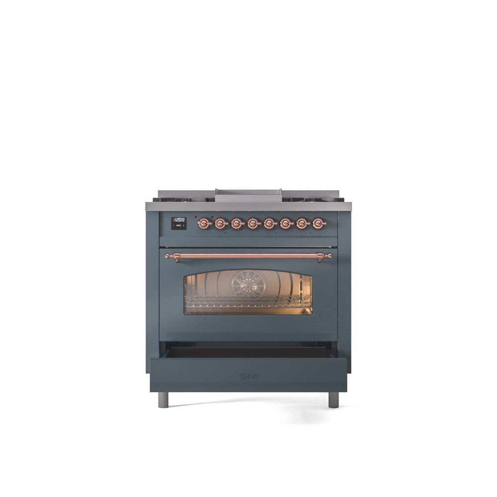 36'' Nostalgie II Series Freestanding Dual Fuel Range - Blue Grey - Bronze trim - Griddle - Natural Gas