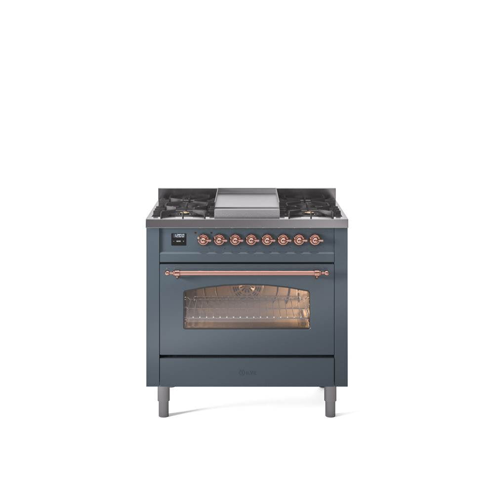 36'' Nostalgie II Series Freestanding Dual Fuel Range - Blue Grey - Bronze trim - Griddle - Natural Gas