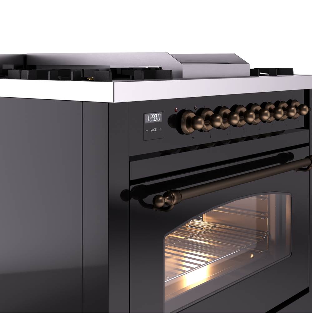 36'' Nostalgie II Series Freestanding Dual Fuel Range - Glossy Black - Bronze trim - Griddle - Natural Gas