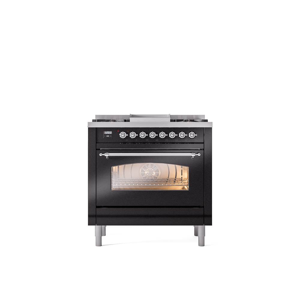 ILVE - 36'' Nostalgie II Series Freestanding Dual Fuel Range - Glossy Black - Chrome trim - Griddle - Natural Gas - Chrome
