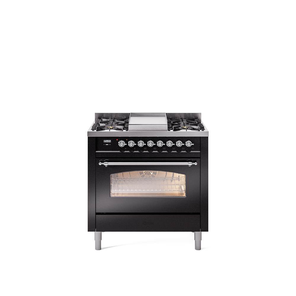 36'' Nostalgie II Series Freestanding Dual Fuel Range - Glossy Black - Bronze trim - Griddle - Natural Gas