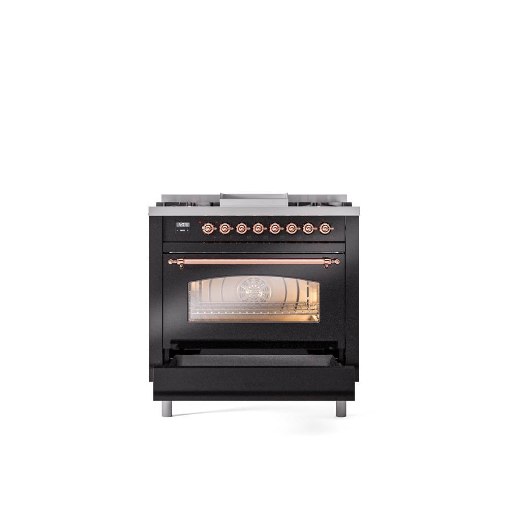 36'' Nostalgie II Series Freestanding Dual Fuel Range - Glossy Black - Bronze trim - Griddle - Natural Gas