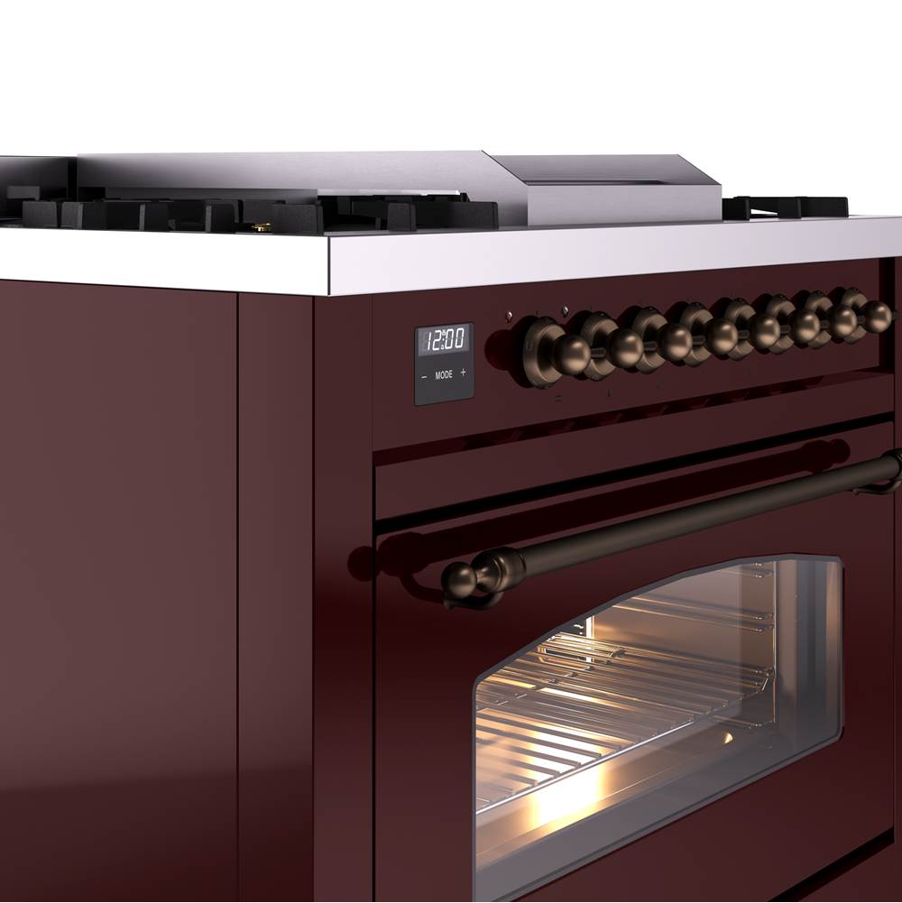 36'' Nostalgie II Series Freestanding Dual Fuel Range - Burgundy - Bronze trim - Griddle - Natural Gas