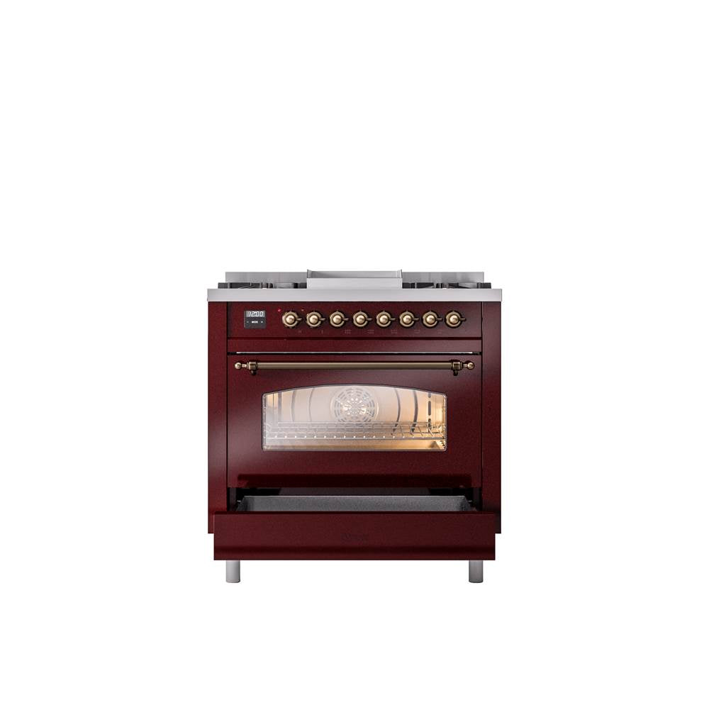 36'' Nostalgie II Series Freestanding Dual Fuel Range - Burgundy - Bronze trim - Griddle - Natural Gas