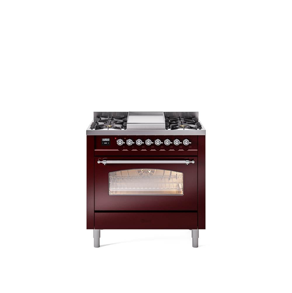 36'' Nostalgie II Series Freestanding Dual Fuel Range - Burgundy - Bronze trim - Griddle - Natural Gas