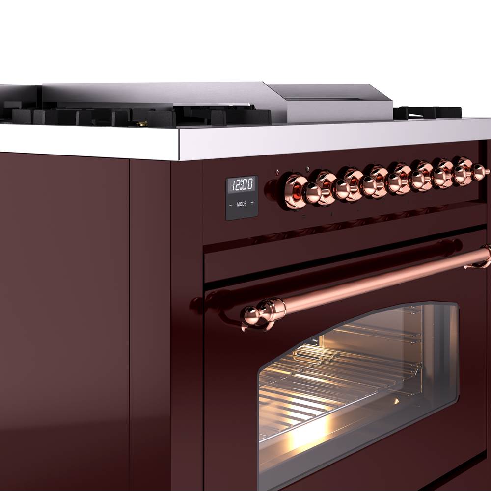 36'' Nostalgie II Series Freestanding Dual Fuel Range - Burgundy - Copper trim - Griddle - Natural Gas