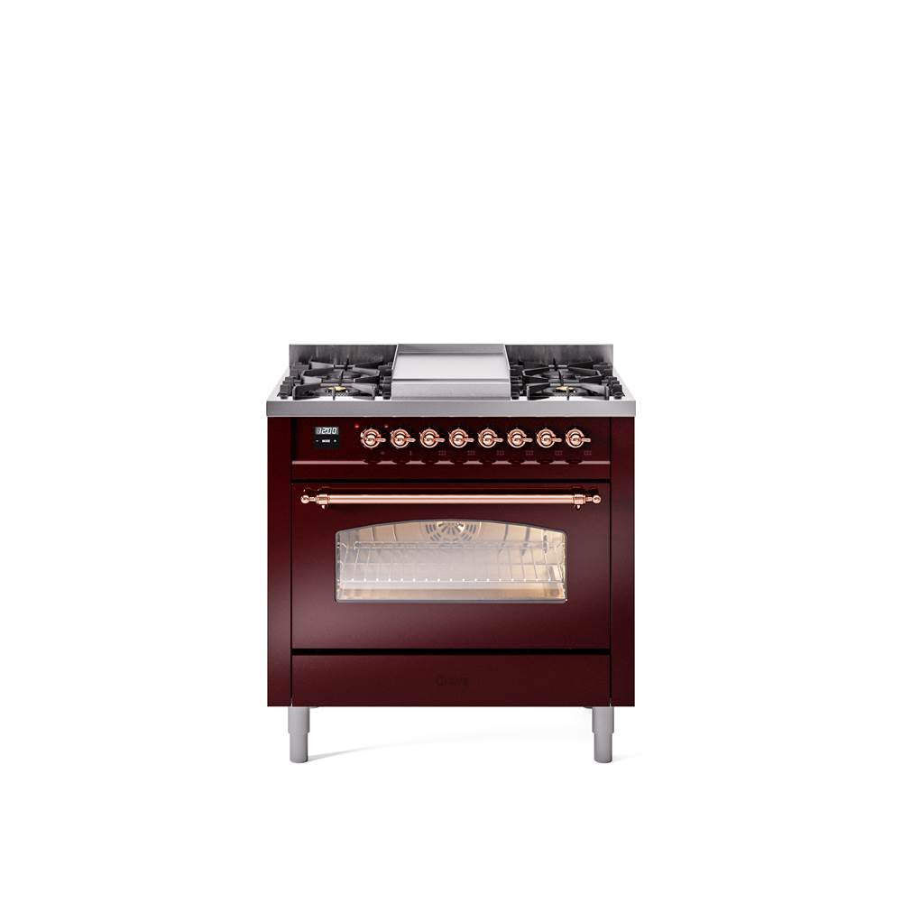 36'' Nostalgie II Series Freestanding Dual Fuel Range - Burgundy - Copper trim - Griddle - Natural Gas