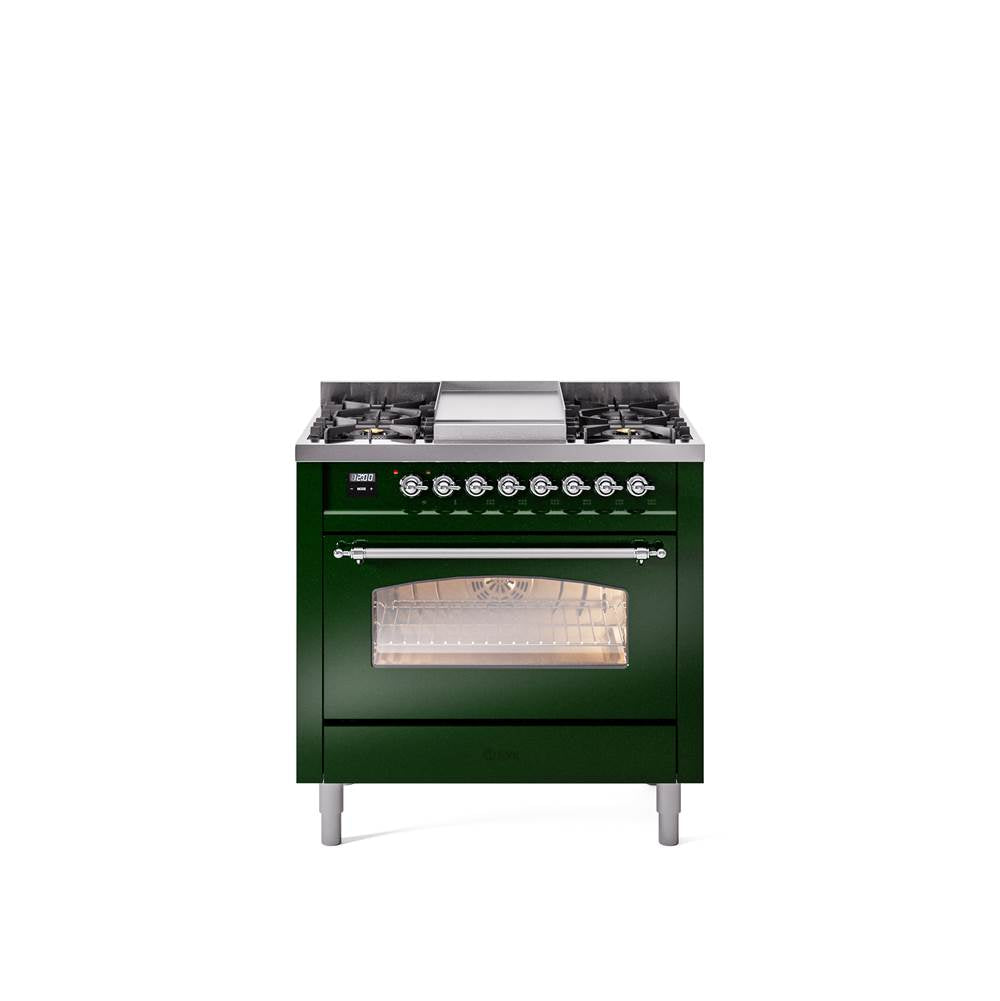 36'' Nostalgie II Series Freestanding Dual Fuel Range - Emerald Green - Bronze trim - Griddle - Natural Gas