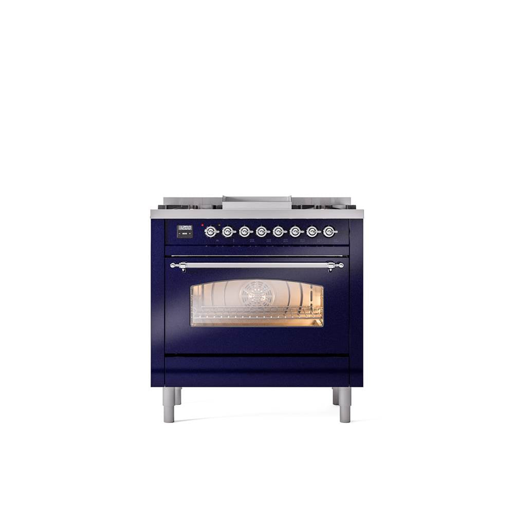 ILVE - 36'' Nostalgie II Series Freestanding Dual Fuel Range - Midnight Blue - Chrome trim - Griddle - Natural Gas - Chrome