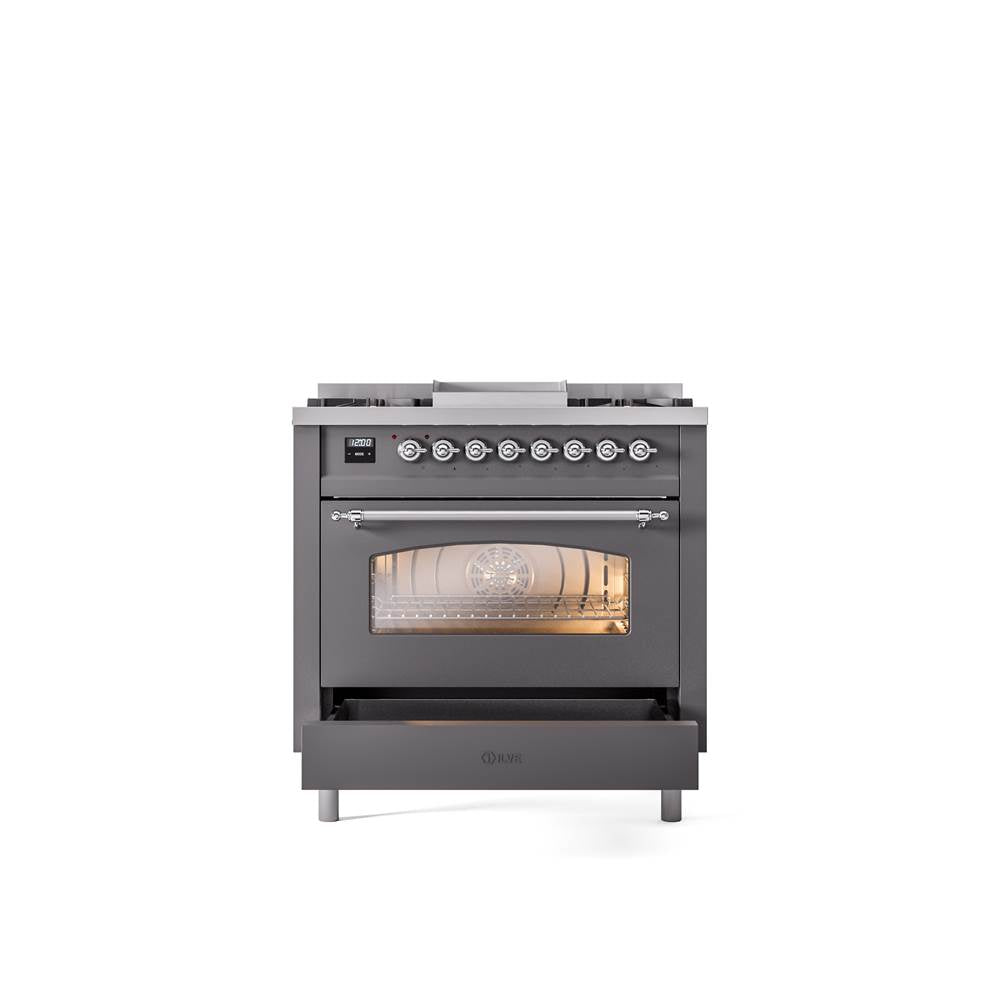 36'' Nostalgie II Series Freestanding Dual Fuel Range - Matte Graphite - Bronze trim - Griddle - Natural Gas