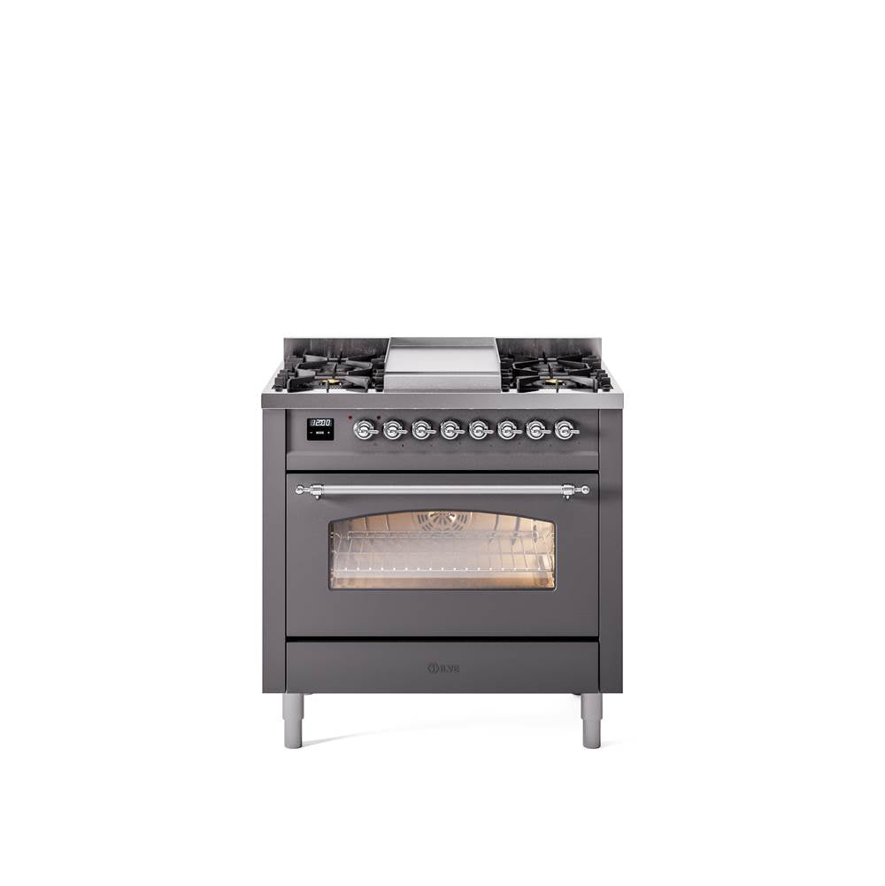 36'' Nostalgie II Series Freestanding Dual Fuel Range - Matte Graphite - Bronze trim - Griddle - Natural Gas