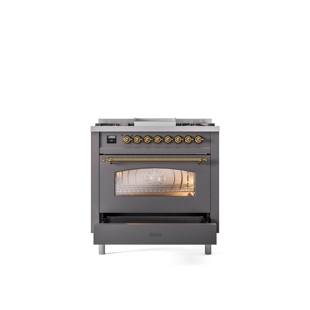 36'' Nostalgie II Series Freestanding Dual Fuel Range - Matte Graphite - Bronze trim - Griddle - Natural Gas