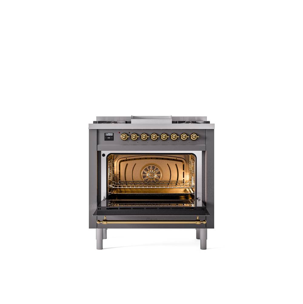 36'' Nostalgie II Series Freestanding Dual Fuel Range - Matte Graphite - Bronze trim - Griddle - Natural Gas