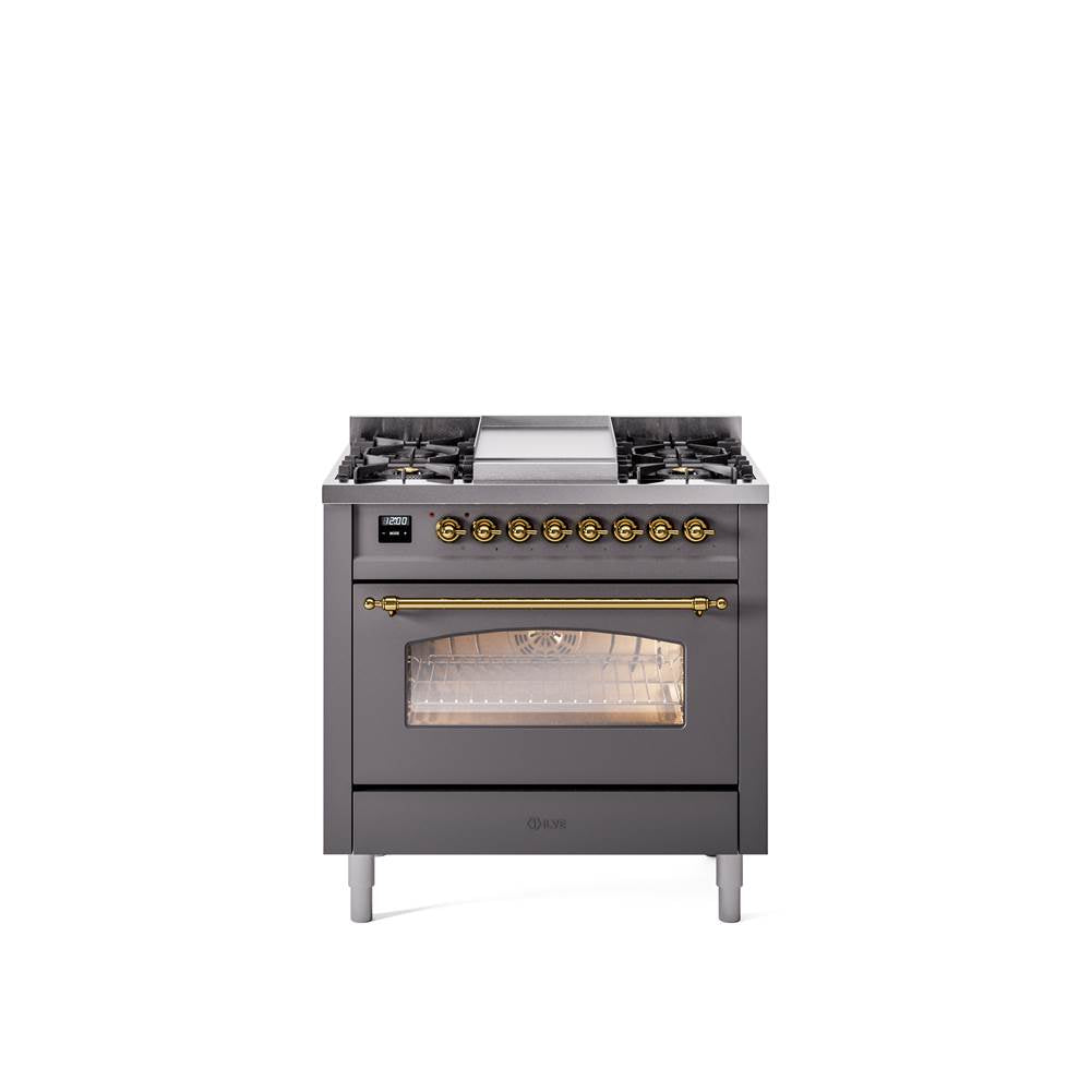 36'' Nostalgie II Series Freestanding Dual Fuel Range - Matte Graphite - Bronze trim - Griddle - Natural Gas