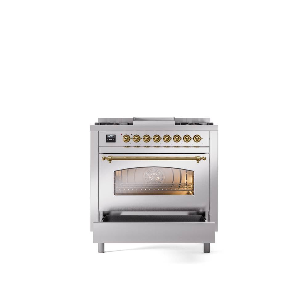 36'' Nostalgie II Series Freestanding Dual Fuel Range - Stainless Steel - Bronze trim - Griddle - Natural Gas