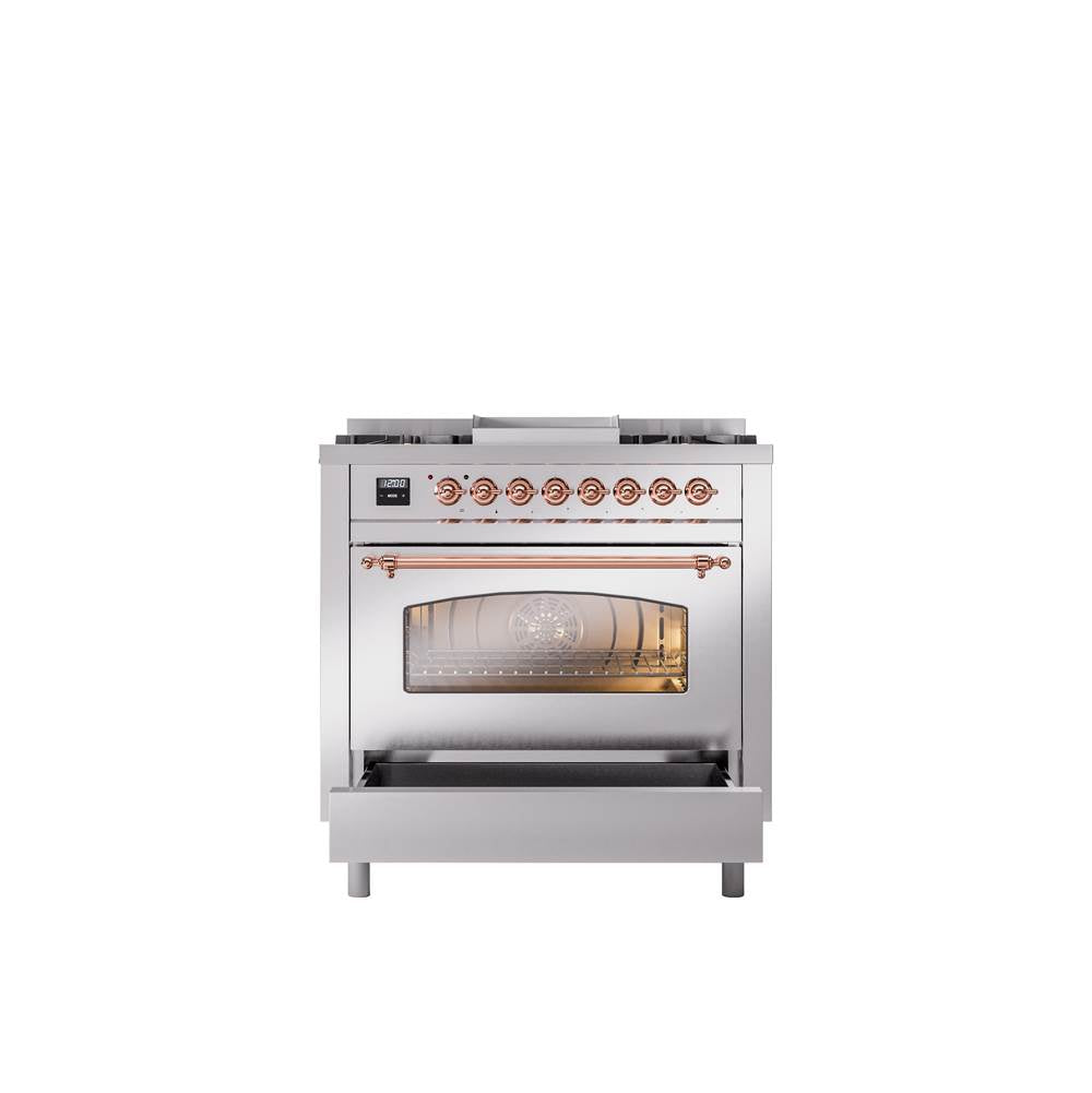 36'' Nostalgie II Series Freestanding Dual Fuel Range - Stainless Steel - Bronze trim - Griddle - Natural Gas