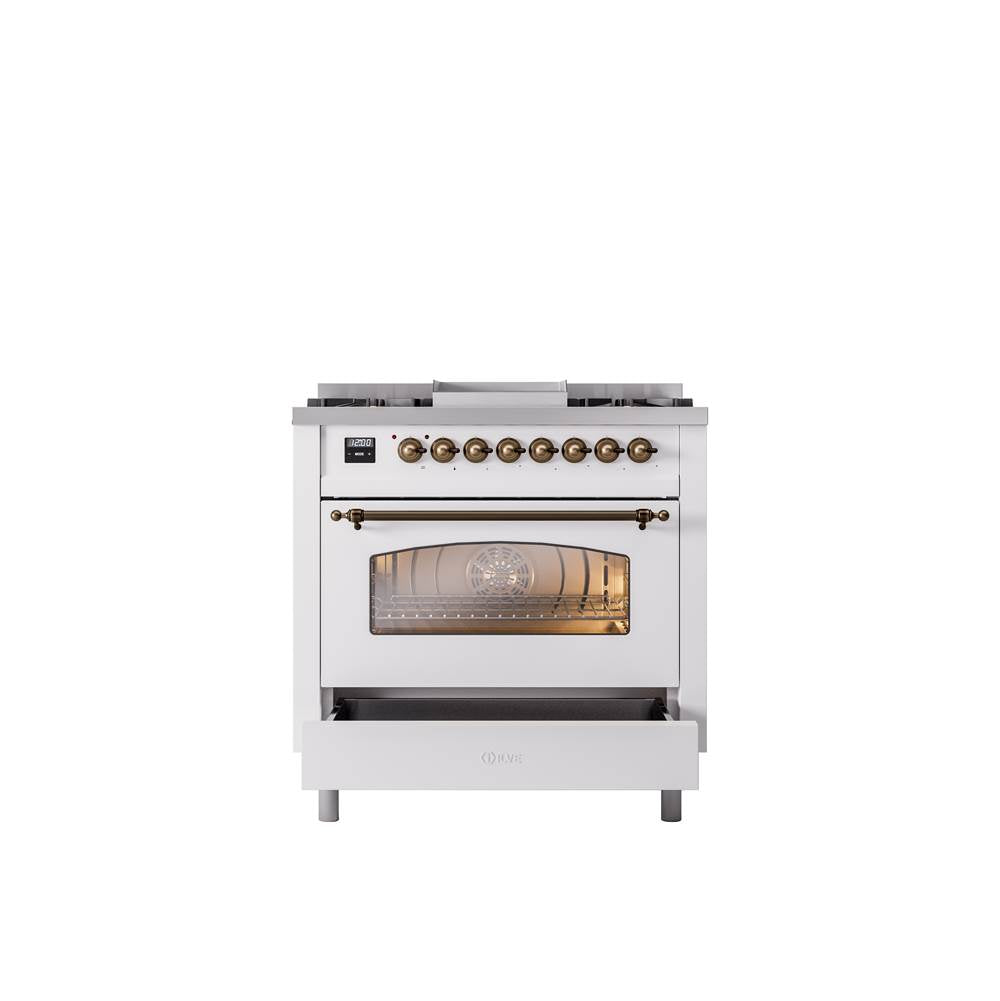 36'' Nostalgie II Series Freestanding Dual Fuel Range - White - Bronze trim - Griddle - Natural Gas