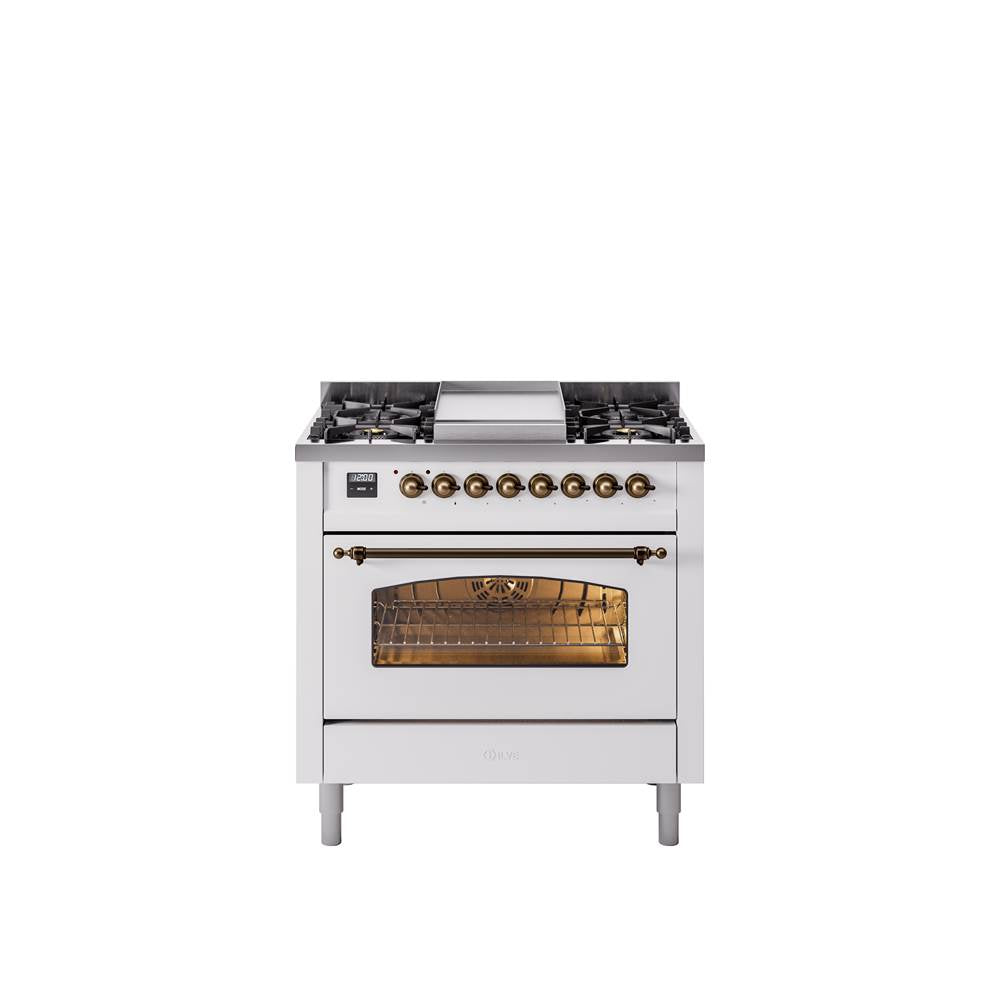 36'' Nostalgie II Series Freestanding Dual Fuel Range - White - Bronze trim - Griddle - Natural Gas