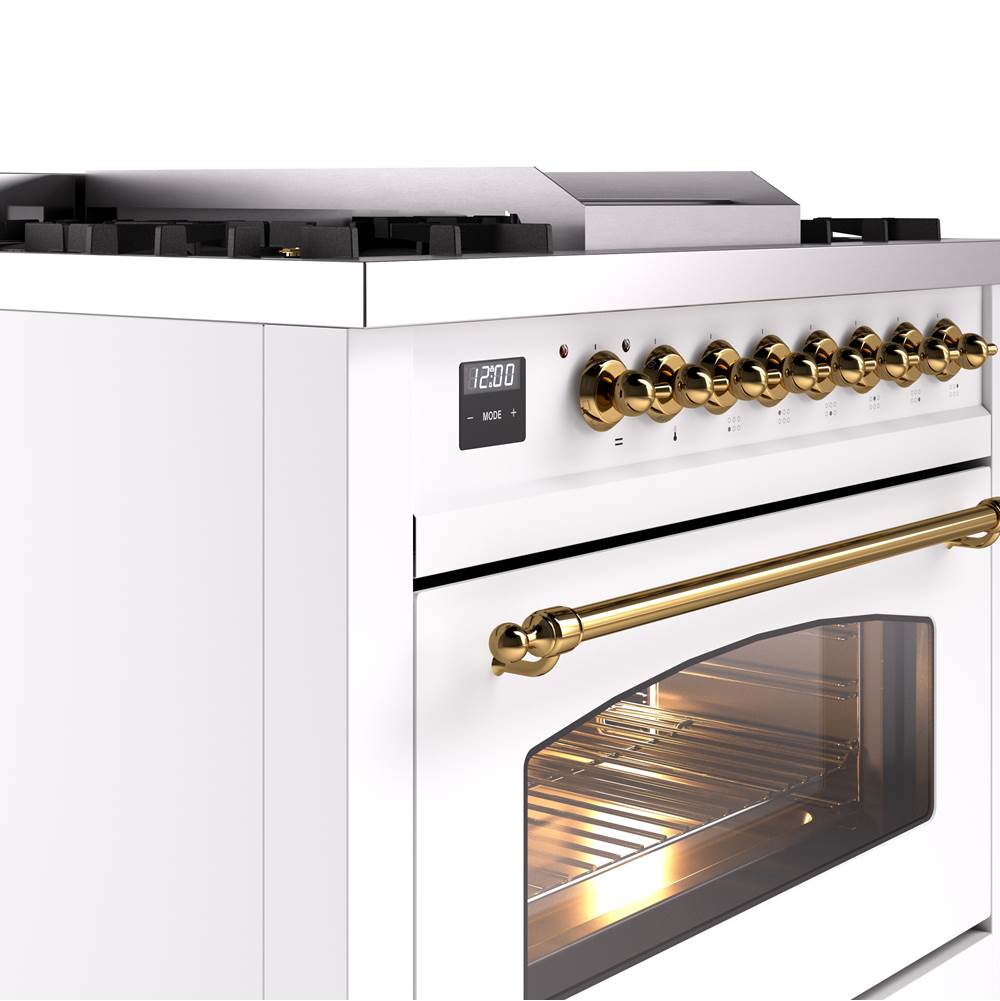 36'' Nostalgie II Series Freestanding Dual Fuel Range - White - Bronze trim - Griddle - Natural Gas