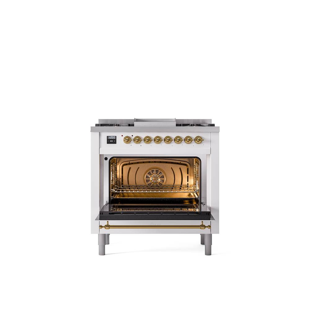 36'' Nostalgie II Series Freestanding Dual Fuel Range - White - Bronze trim - Griddle - Natural Gas