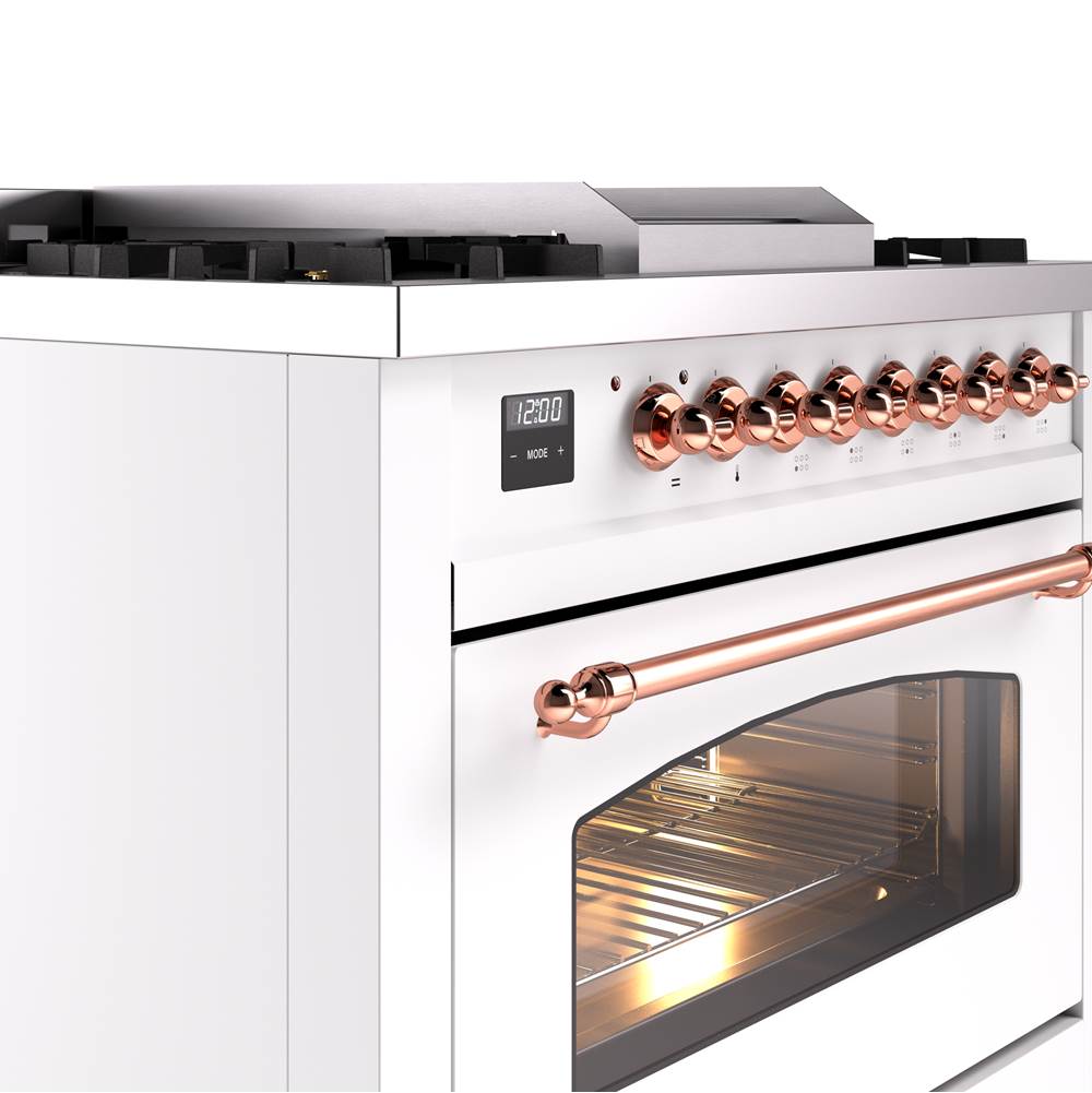 36'' Nostalgie II Series Freestanding Dual Fuel Range - White - Bronze trim - Griddle - Natural Gas