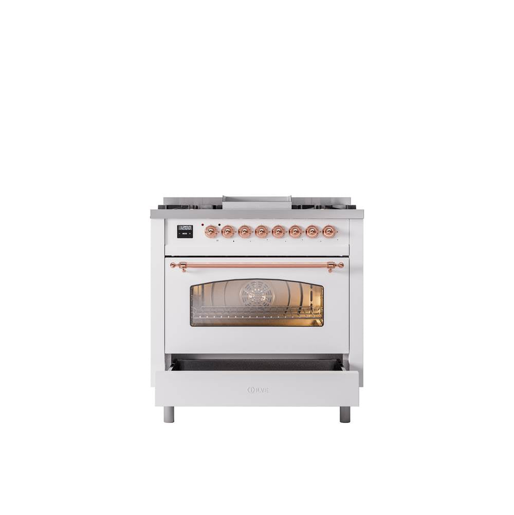 36'' Nostalgie II Series Freestanding Dual Fuel Range - White - Bronze trim - Griddle - Natural Gas
