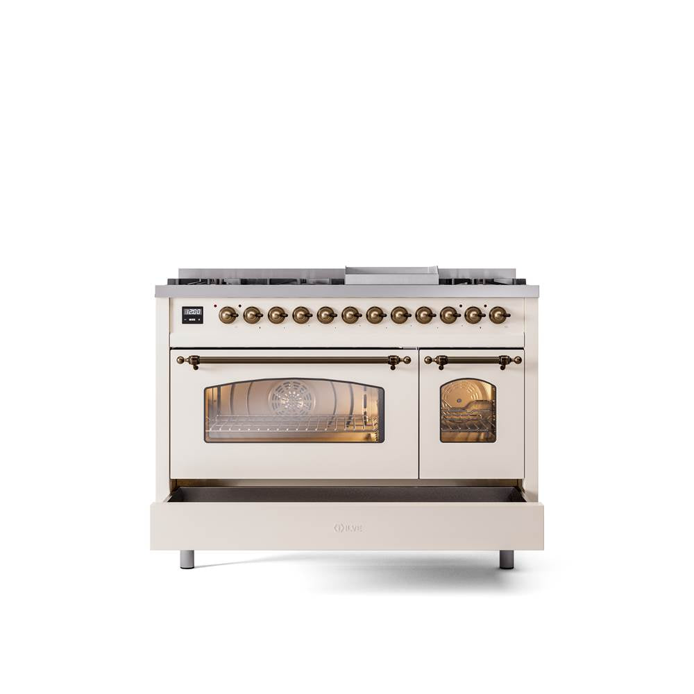 48'' Nostalgie II Series Freestanding Dual Fuel Range - Double Oven - Antique White - Bronze trim - Griddle - Natural Gas