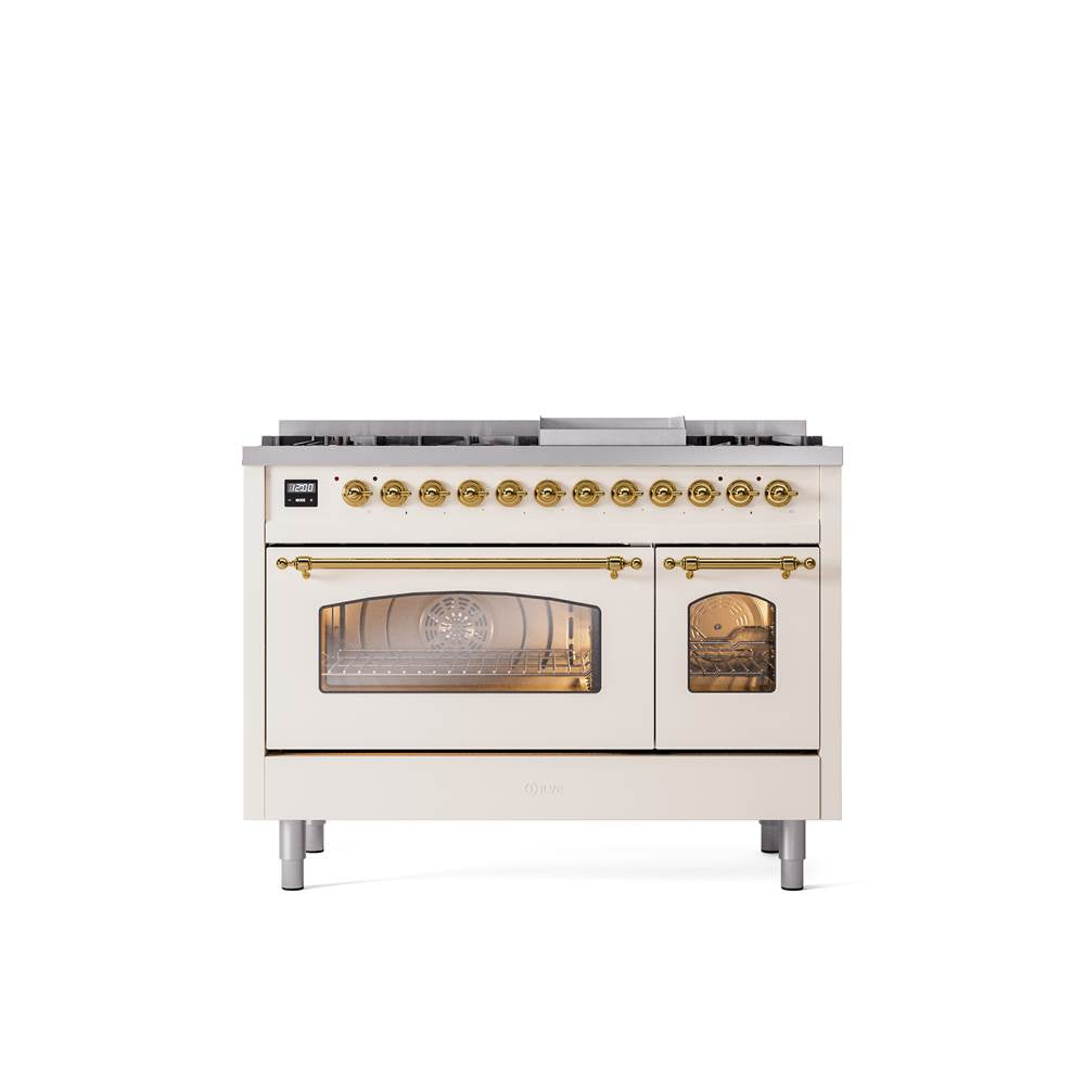 ILVE - 48'' Nostalgie II Series Freestanding Dual Fuel Range - Double Oven - Antique White - Brass trim - Griddle - Natural Gas - Brass