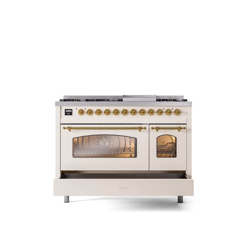 48'' Nostalgie II Series Freestanding Dual Fuel Range - Double Oven - Antique White - Bronze trim - Griddle - Natural Gas