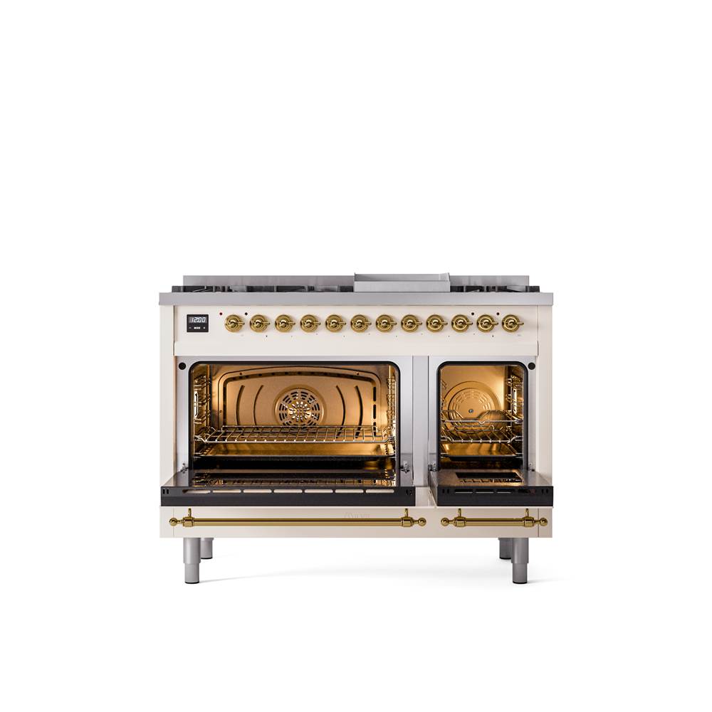 48'' Nostalgie II Series Freestanding Dual Fuel Range - Double Oven - Antique White - Bronze trim - Griddle - Natural Gas