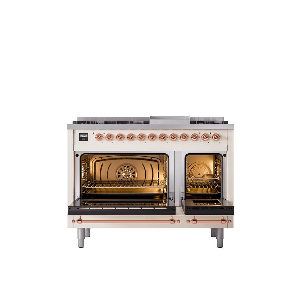 48'' Nostalgie II Series Freestanding Dual Fuel Range - Double Oven - Antique White - Bronze trim - Griddle - Natural Gas
