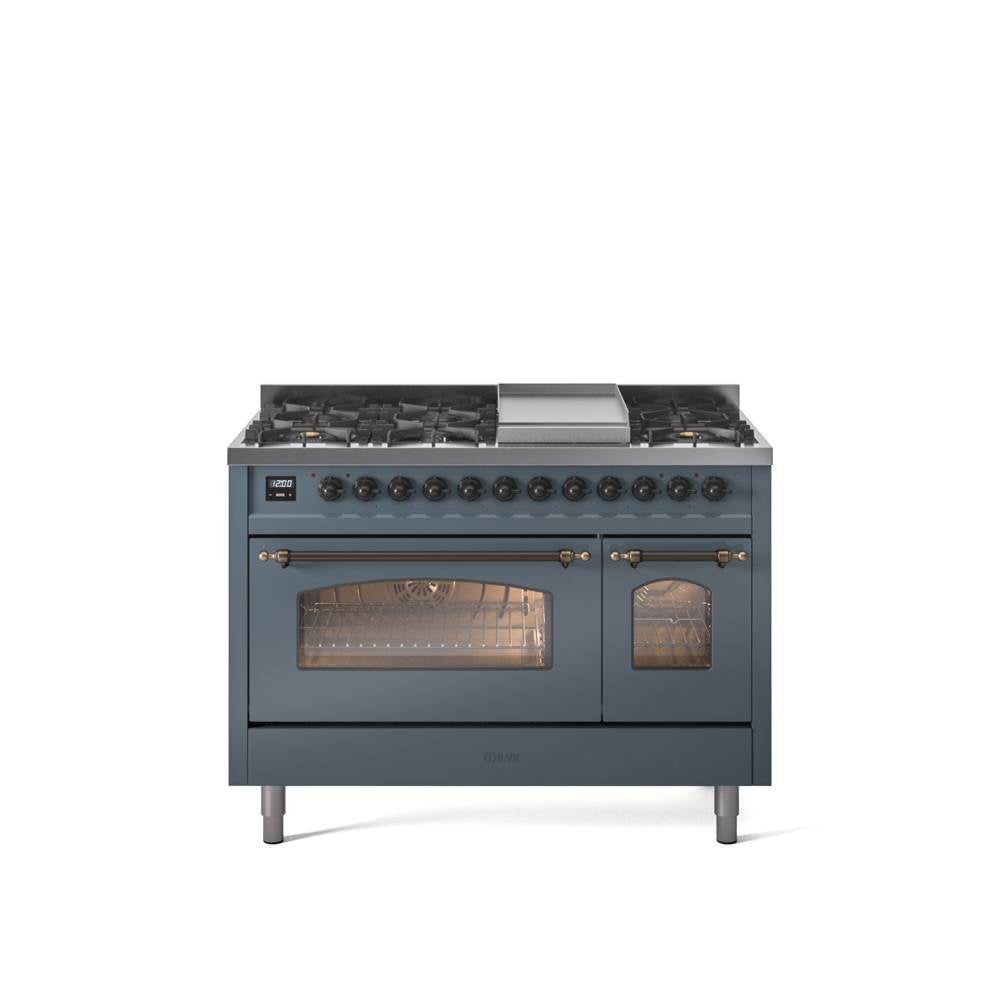 48'' Nostalgie II Series Freestanding Dual Fuel Range - Double Oven - Blue Grey - Bronze trim - Griddle - Natural Gas