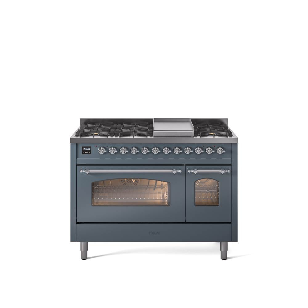 48'' Nostalgie II Series Freestanding Dual Fuel Range - Double Oven - Blue Grey - Bronze trim - Griddle - Natural Gas