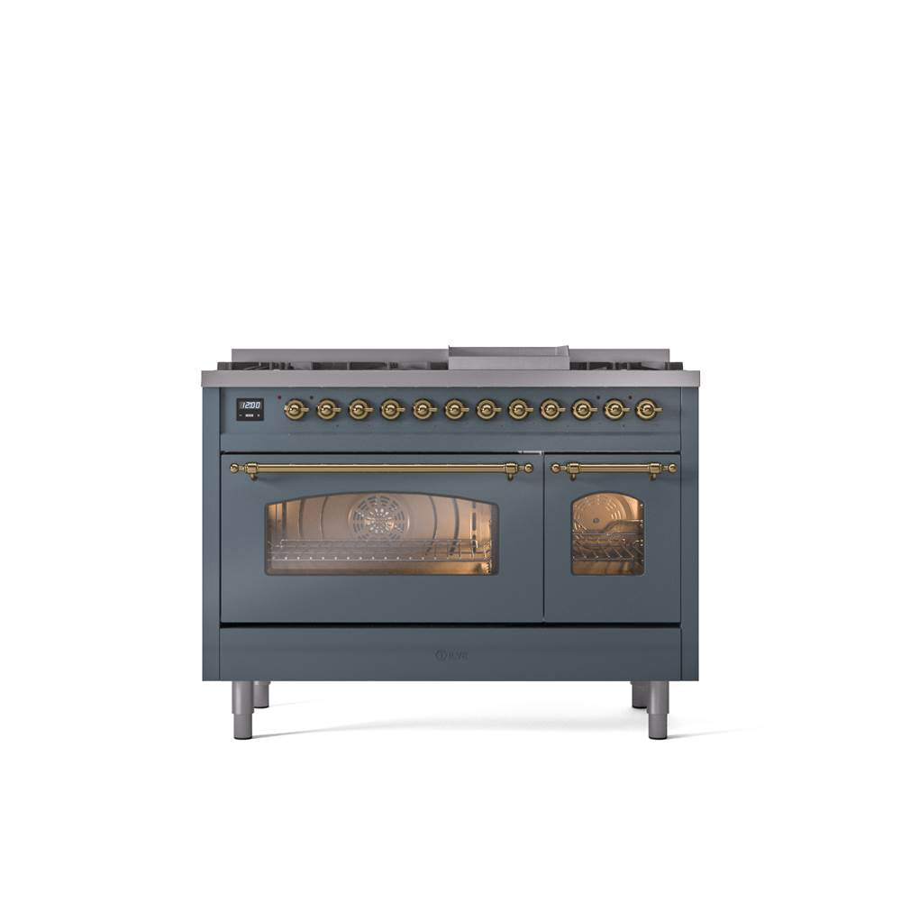 ILVE - 48'' Nostalgie II Series Freestanding Dual Fuel Range - Double Oven - Blue Grey - Brass trim - Griddle - Natural Gas - Brass