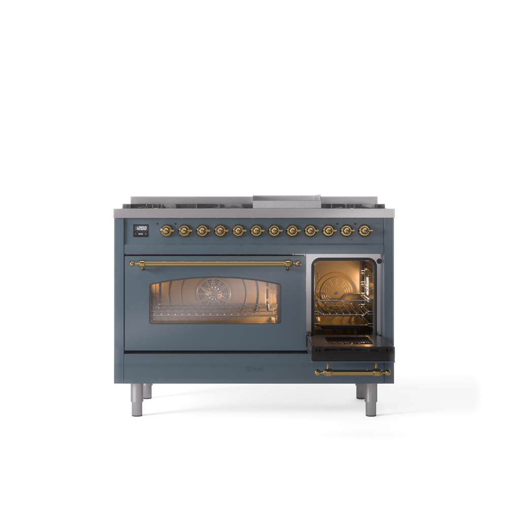 48'' Nostalgie II Series Freestanding Dual Fuel Range - Double Oven - Blue Grey - Bronze trim - Griddle - Natural Gas