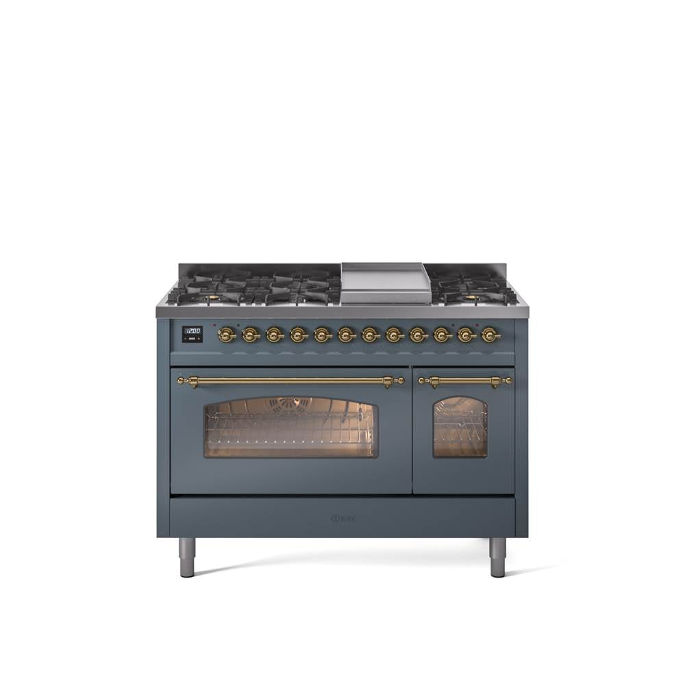 48'' Nostalgie II Series Freestanding Dual Fuel Range - Double Oven - Blue Grey - Bronze trim - Griddle - Natural Gas