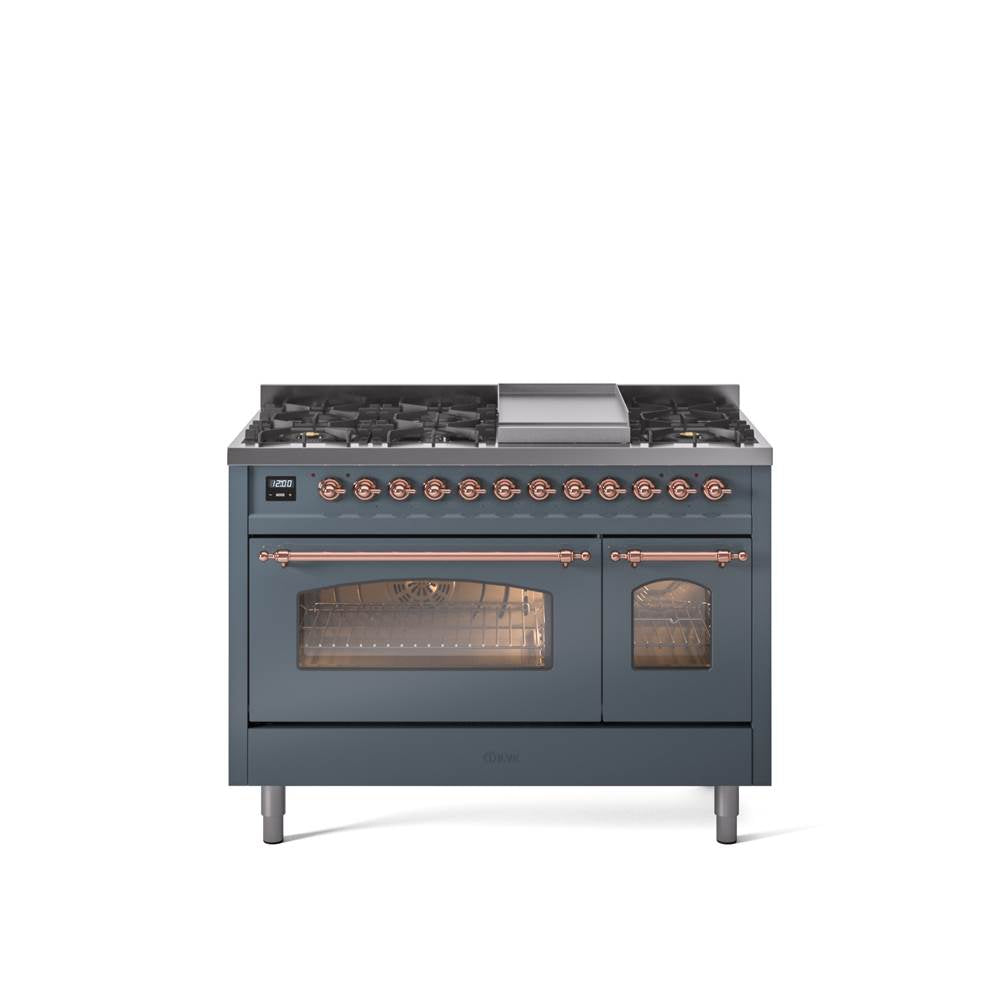 48'' Nostalgie II Series Freestanding Dual Fuel Range - Double Oven - Blue Grey - Bronze trim - Griddle - Natural Gas
