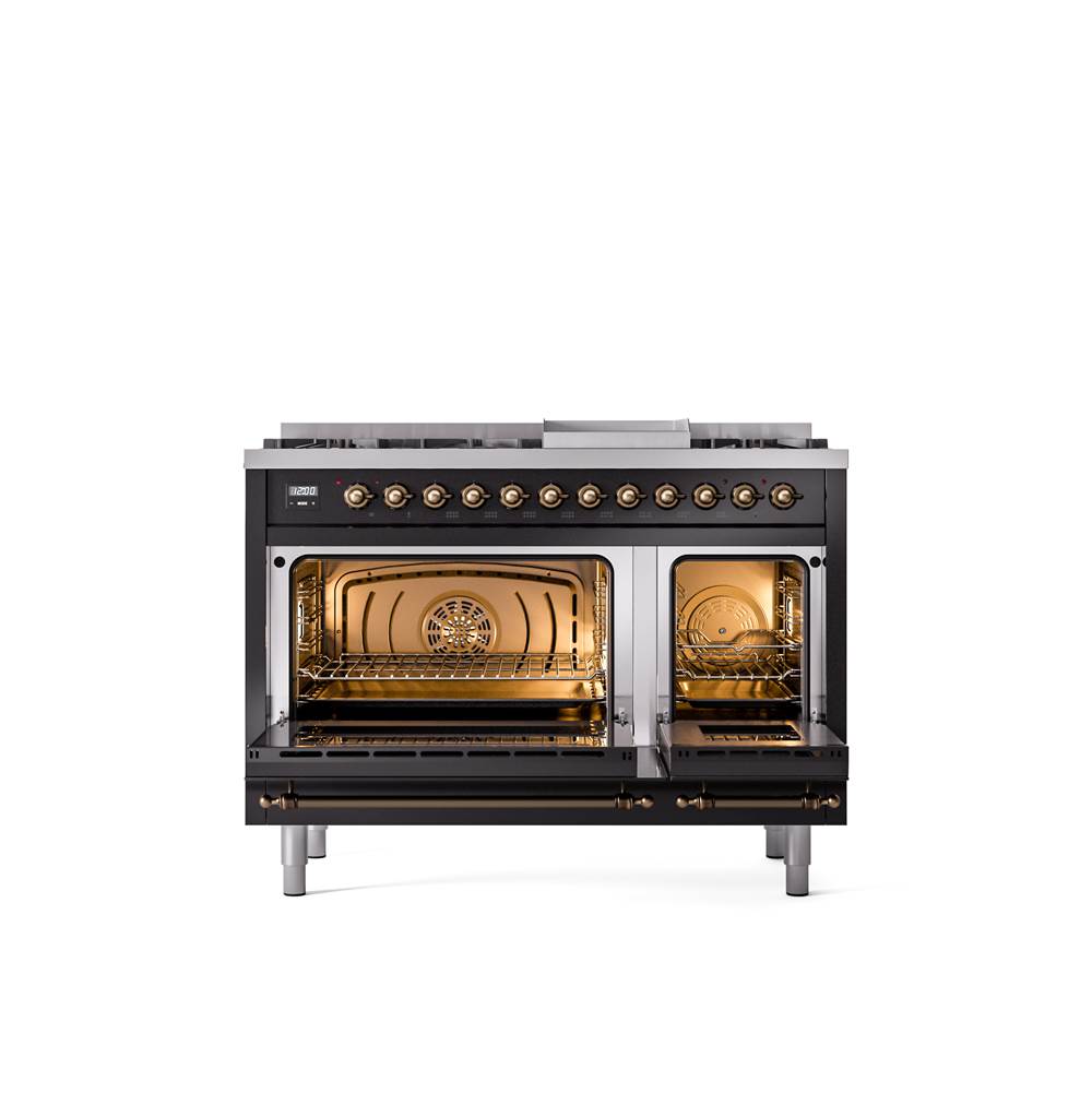 48'' Nostalgie II Series Freestanding Dual Fuel Range - Double Oven - Glossy Black - Bronze trim - Griddle - Natural Gas