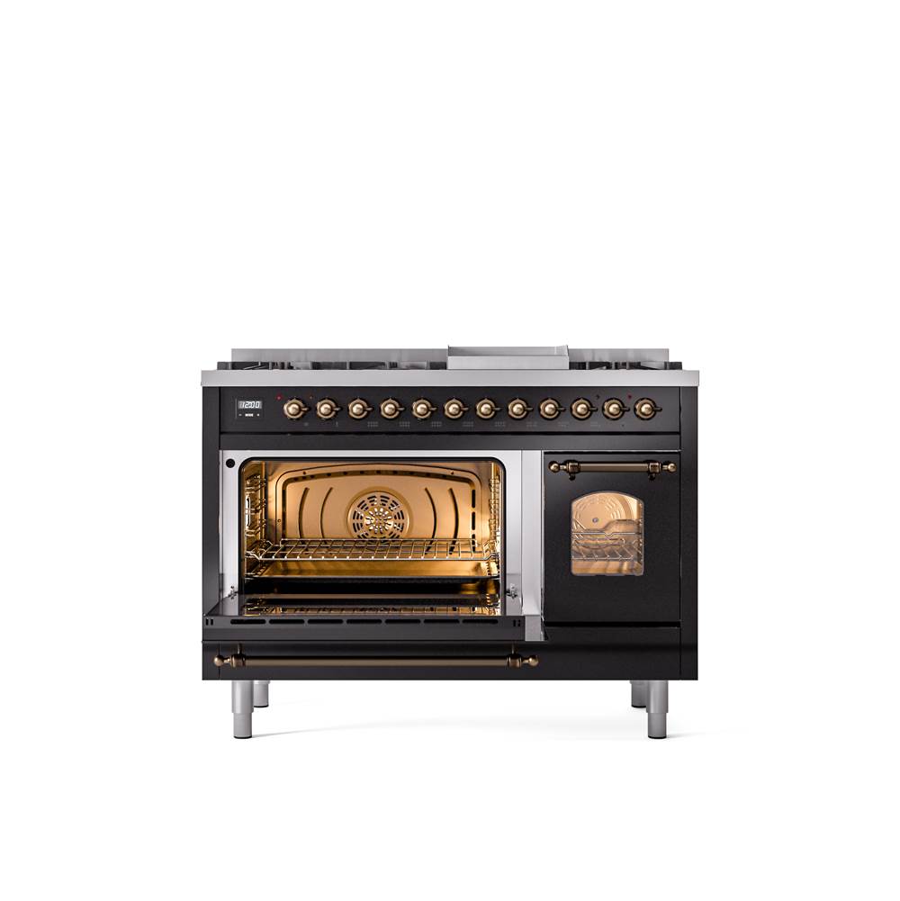 48'' Nostalgie II Series Freestanding Dual Fuel Range - Double Oven - Glossy Black - Bronze trim - Griddle - Natural Gas